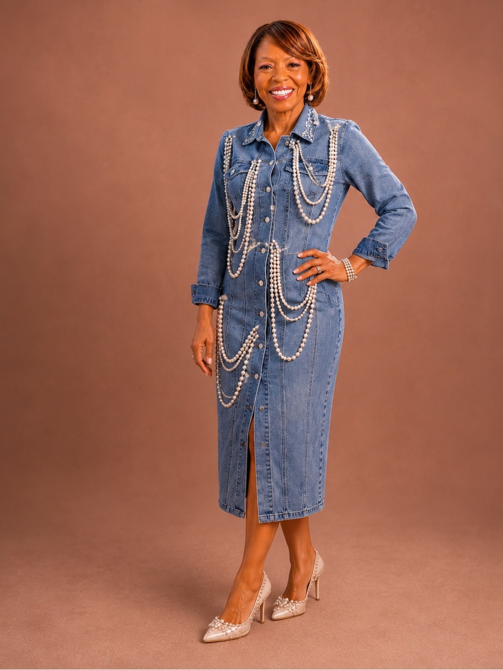 Denim Dress with Pearl Embellished